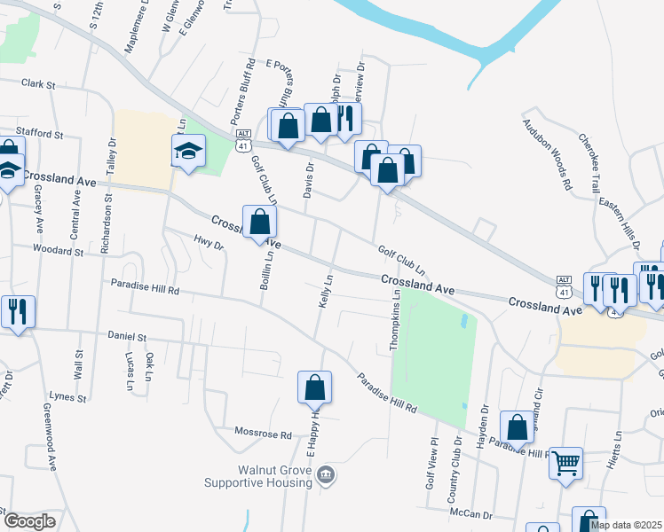 map of restaurants, bars, coffee shops, grocery stores, and more near 420 Kelly Lane in Clarksville