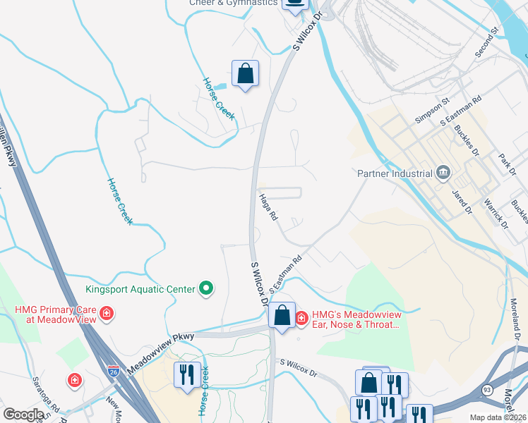 map of restaurants, bars, coffee shops, grocery stores, and more near 1417 Haga Road in Kingsport