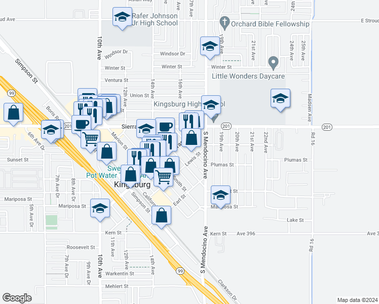 map of restaurants, bars, coffee shops, grocery stores, and more near 1431 Washington Street in Kingsburg