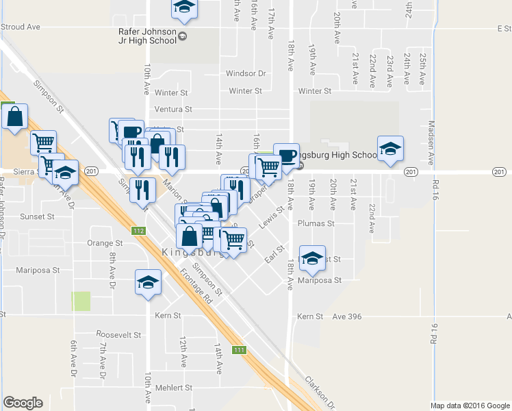 map of restaurants, bars, coffee shops, grocery stores, and more near 1490 Lincoln Street in Kingsburg