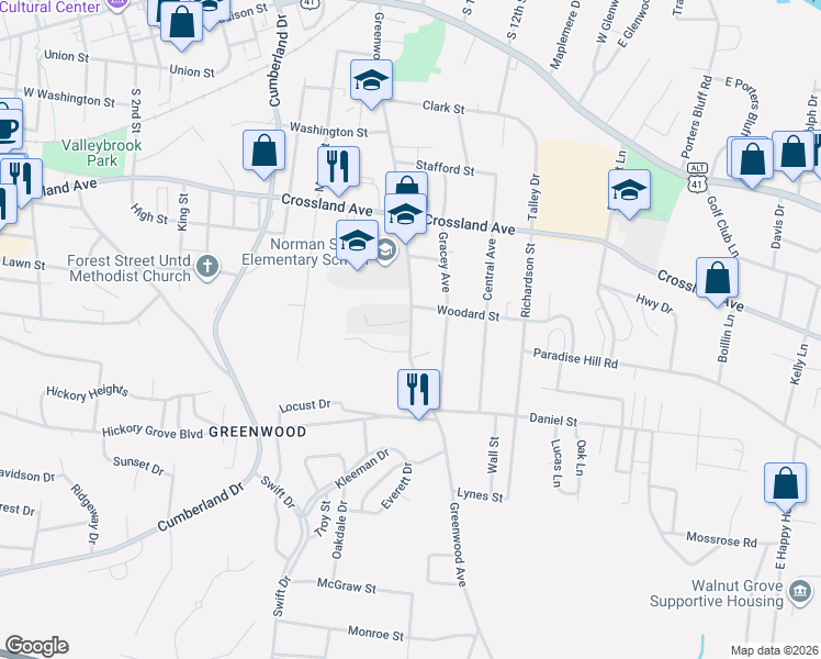 map of restaurants, bars, coffee shops, grocery stores, and more near Greenwood Avenue in Clarksville