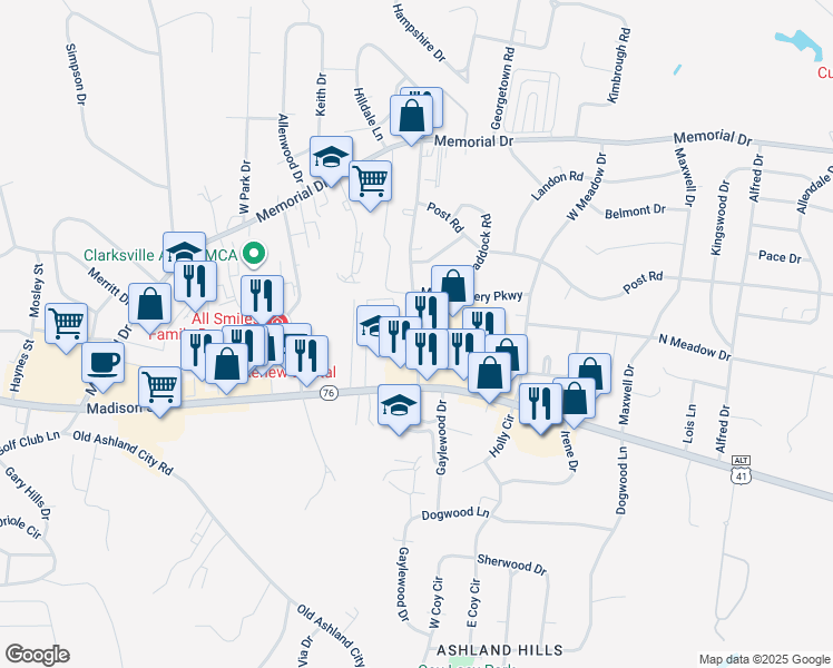 map of restaurants, bars, coffee shops, grocery stores, and more near 116 Clearview Drive in Clarksville