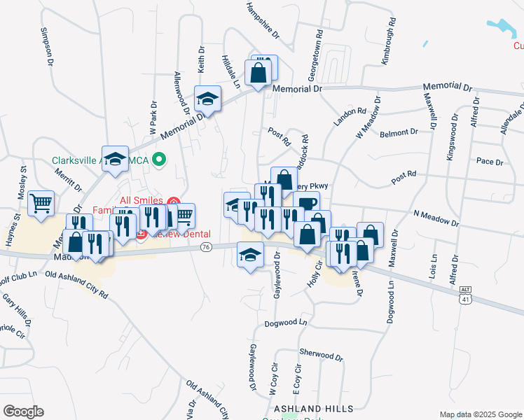 map of restaurants, bars, coffee shops, grocery stores, and more near 114 Clearview Drive in Clarksville