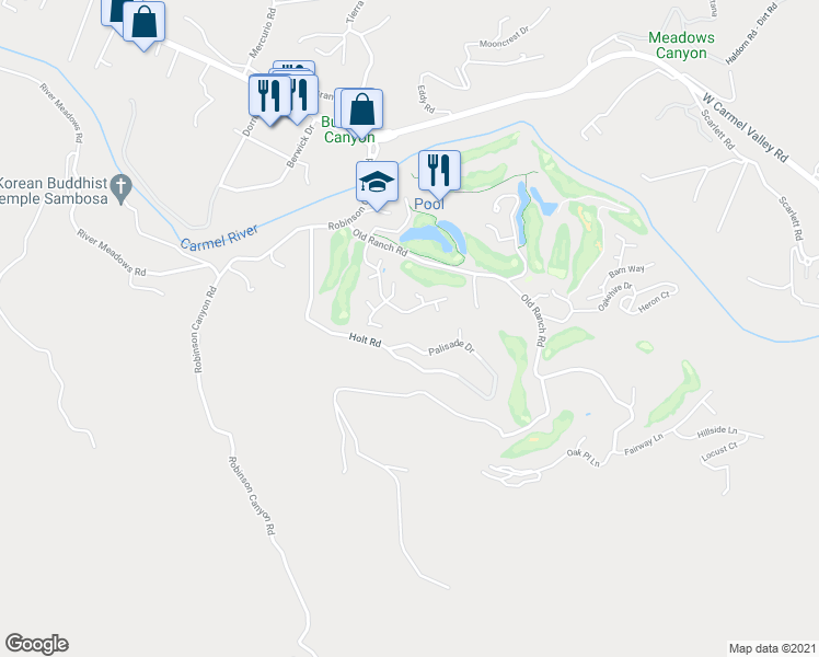 map of restaurants, bars, coffee shops, grocery stores, and more near 9825 Palisade Drive in Carmel-by-the-Sea