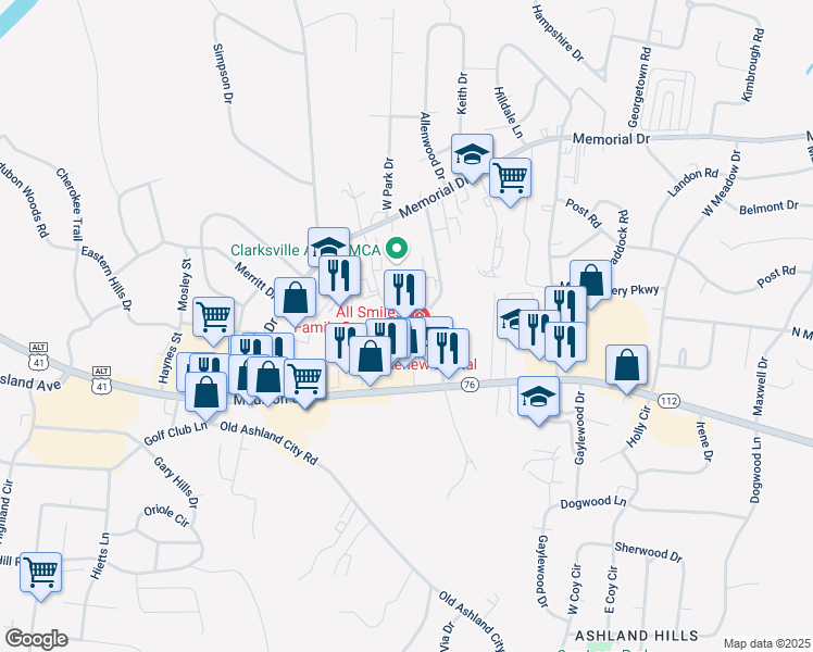 map of restaurants, bars, coffee shops, grocery stores, and more near 1825 Madison Street in Clarksville