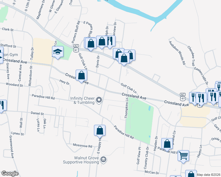 map of restaurants, bars, coffee shops, grocery stores, and more near 1494 Golf Club Lane in Clarksville