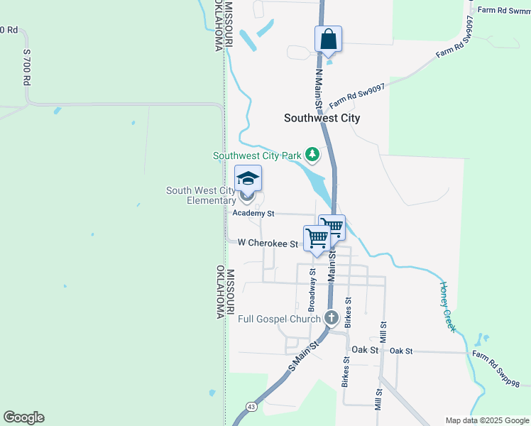 map of restaurants, bars, coffee shops, grocery stores, and more near 201 Academy Street in Southwest City