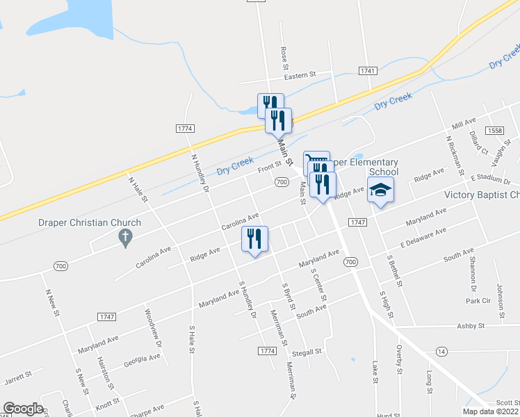 map of restaurants, bars, coffee shops, grocery stores, and more near 1406 Carolina Avenue in Eden