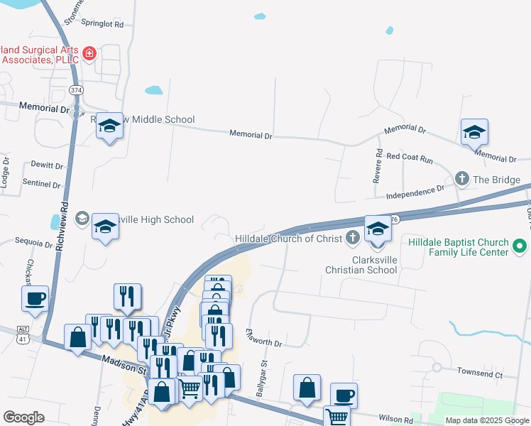 map of restaurants, bars, coffee shops, grocery stores, and more near 51 Patel Way in Clarksville