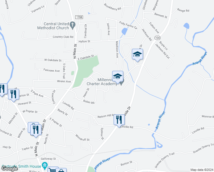 map of restaurants, bars, coffee shops, grocery stores, and more near 1689 Woodbury Lane in Mount Airy