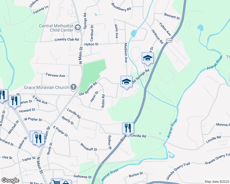 map of restaurants, bars, coffee shops, grocery stores, and more near 1689 Woodbury Lane in Mount Airy