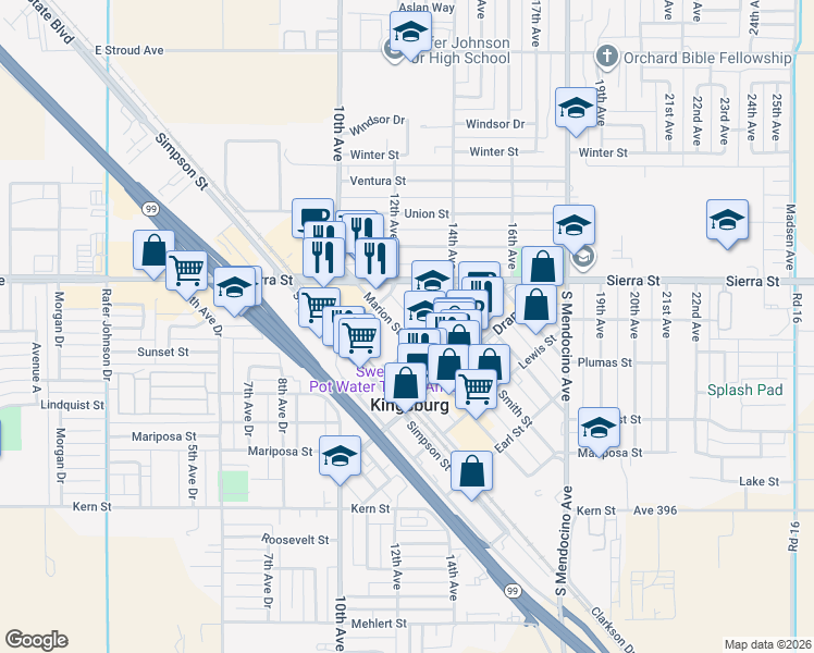 map of restaurants, bars, coffee shops, grocery stores, and more near 1600 Marion Street in Kingsburg
