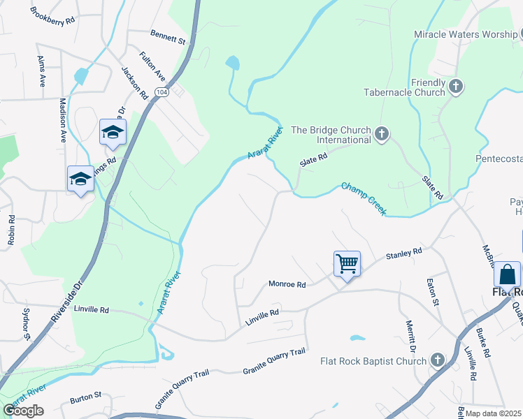map of restaurants, bars, coffee shops, grocery stores, and more near 112 Deer Brook Lane in Mount Airy