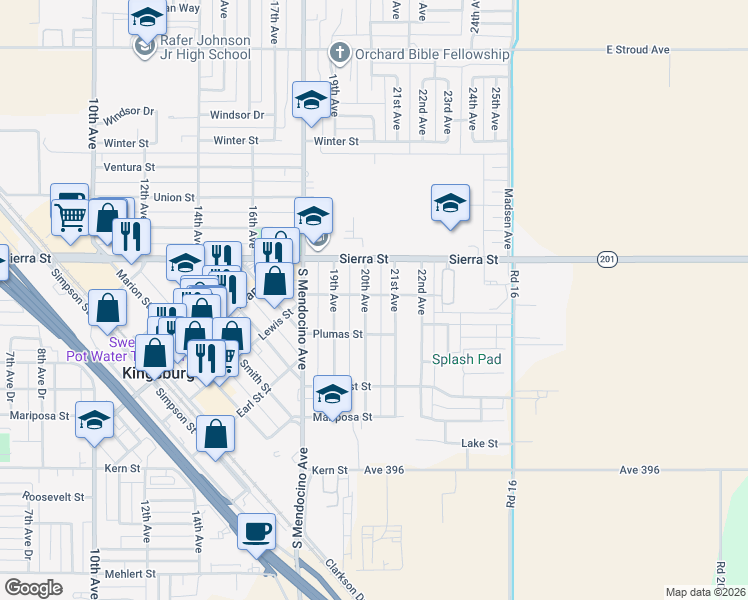 map of restaurants, bars, coffee shops, grocery stores, and more near 1780 20th Avenue in Kingsburg