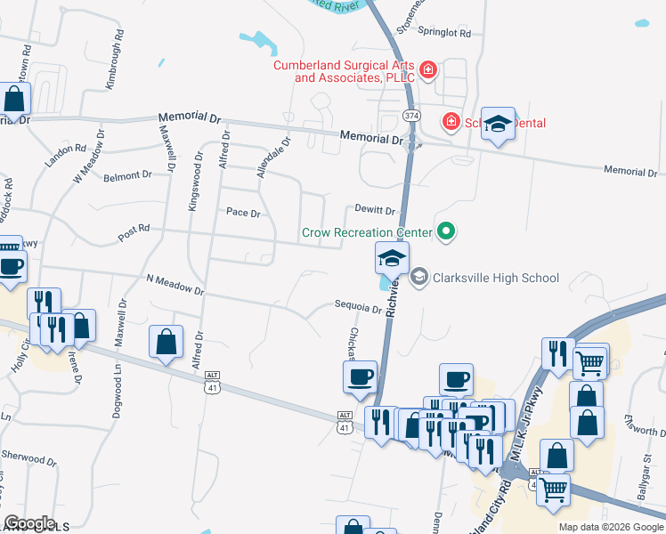 map of restaurants, bars, coffee shops, grocery stores, and more near 145 Indian Hills Drive in Clarksville
