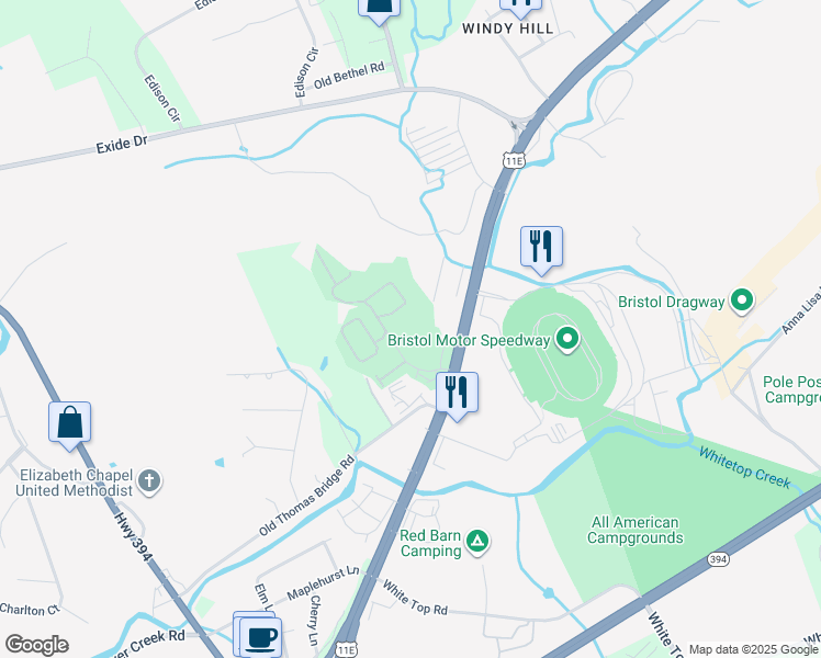 map of restaurants, bars, coffee shops, grocery stores, and more near 202 Raceday Center Drive in Bristol