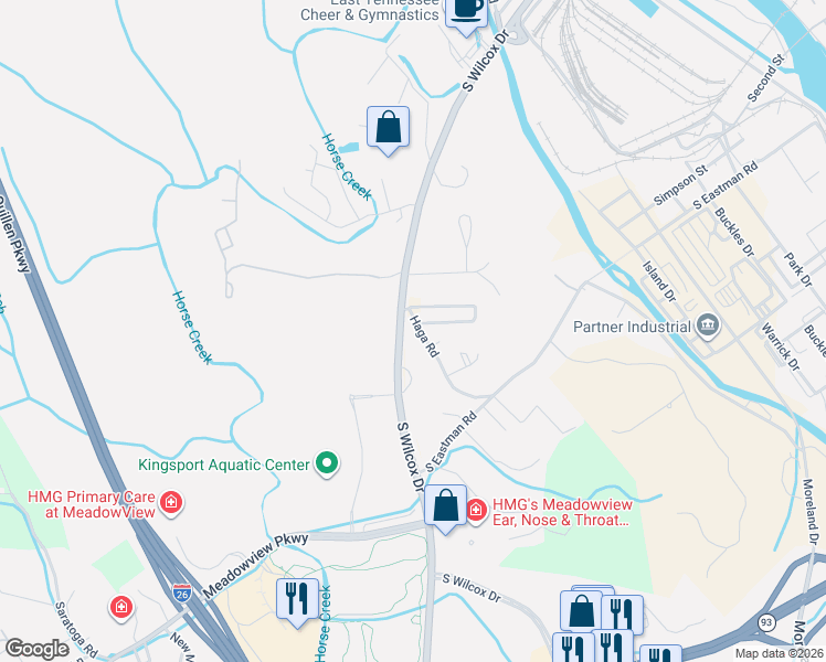 map of restaurants, bars, coffee shops, grocery stores, and more near 1417 Haga Road in Kingsport