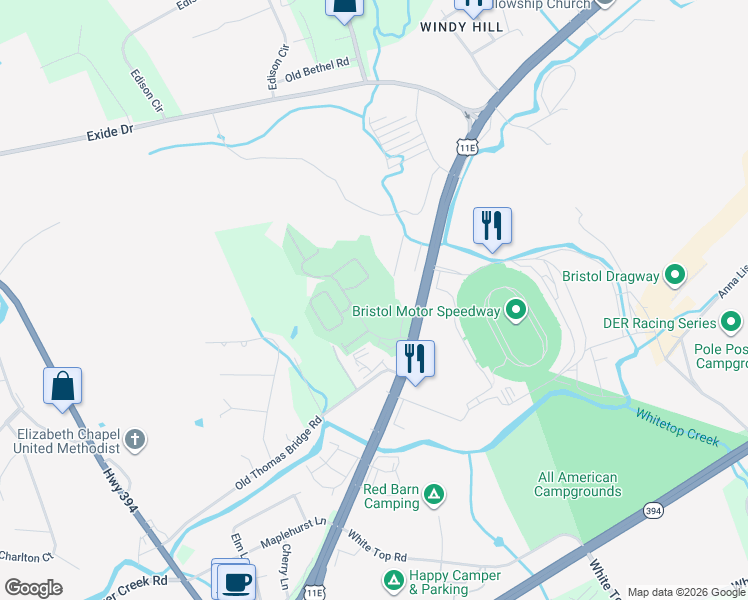 map of restaurants, bars, coffee shops, grocery stores, and more near 202 Raceday Center Drive in Bristol
