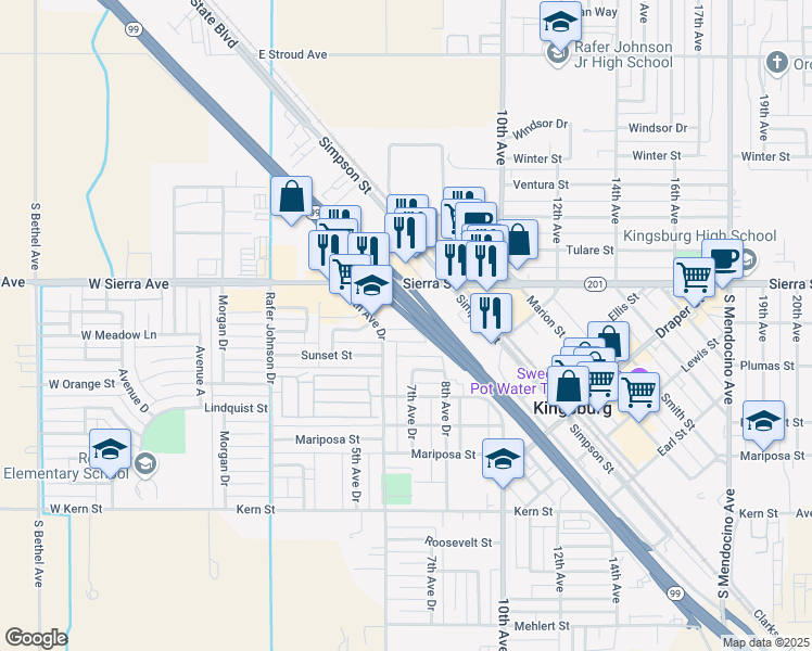map of restaurants, bars, coffee shops, grocery stores, and more near 1776 6th Avenue Drive in Kingsburg