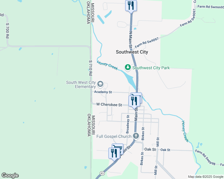 map of restaurants, bars, coffee shops, grocery stores, and more near 201-327 Academy Street in Southwest City