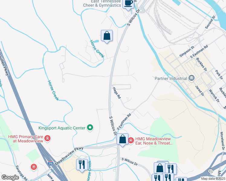 map of restaurants, bars, coffee shops, grocery stores, and more near 1417 Haga Road in Kingsport