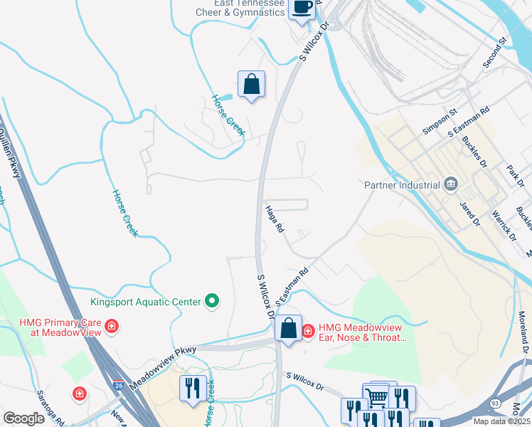 map of restaurants, bars, coffee shops, grocery stores, and more near 1417 Haga Road in Kingsport