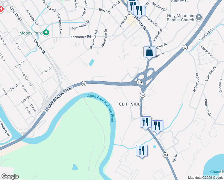 map of restaurants, bars, coffee shops, grocery stores, and more near 2900 Cliffside Road in Kingsport