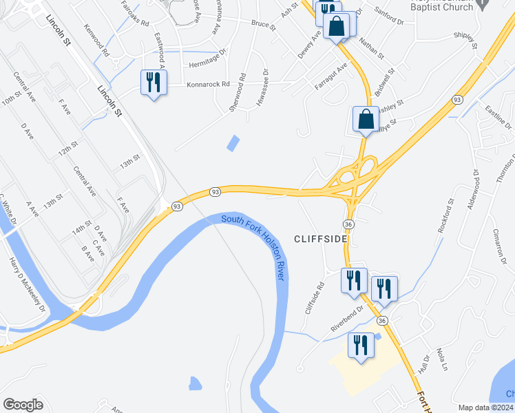 map of restaurants, bars, coffee shops, grocery stores, and more near 1701 North John B Dennis Highway in Kingsport