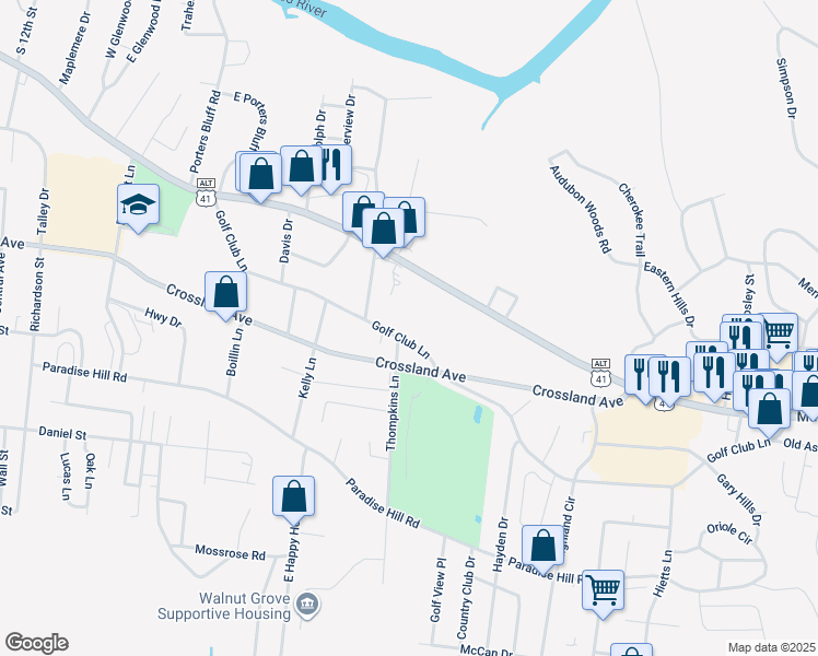 map of restaurants, bars, coffee shops, grocery stores, and more near 1491 Crossland Avenue in Clarksville