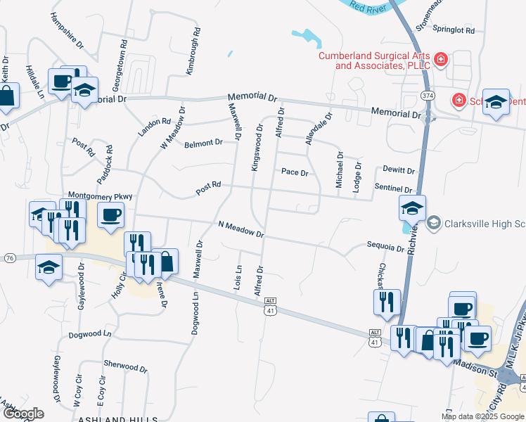 map of restaurants, bars, coffee shops, grocery stores, and more near 132 Kingswood Drive in Clarksville