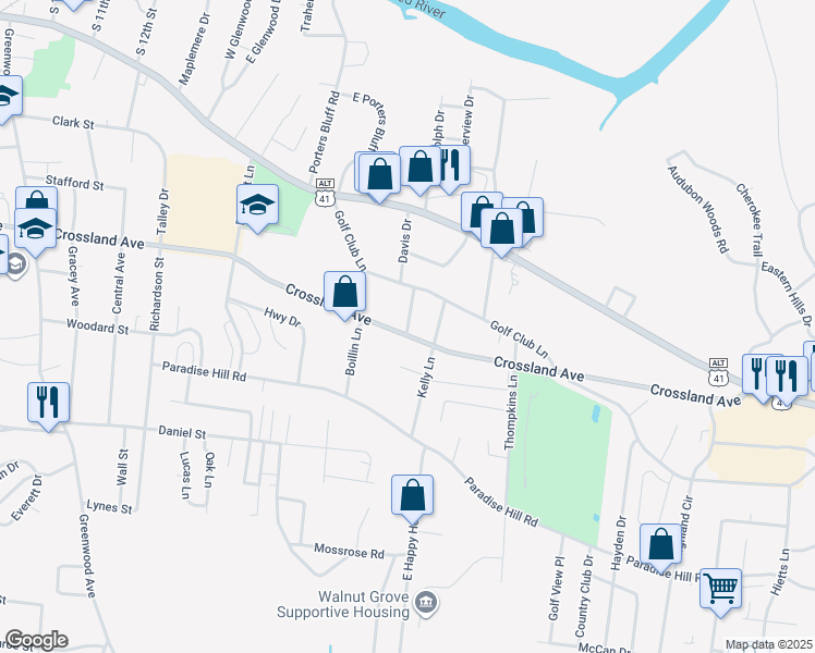 map of restaurants, bars, coffee shops, grocery stores, and more near 415 Shearon Lane in Clarksville