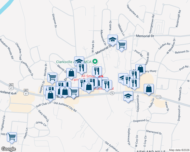 map of restaurants, bars, coffee shops, grocery stores, and more near 1818 Memorial Drive in Clarksville