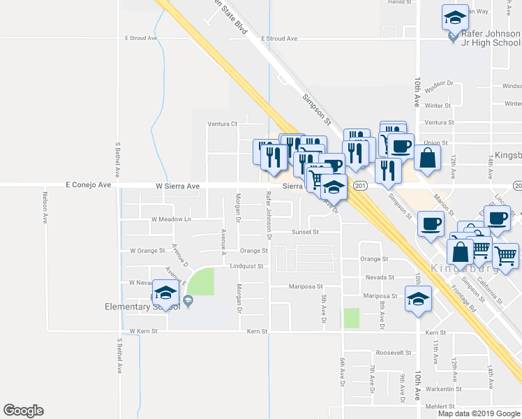 map of restaurants, bars, coffee shops, grocery stores, and more near 182 Forest Drive in Kingsburg