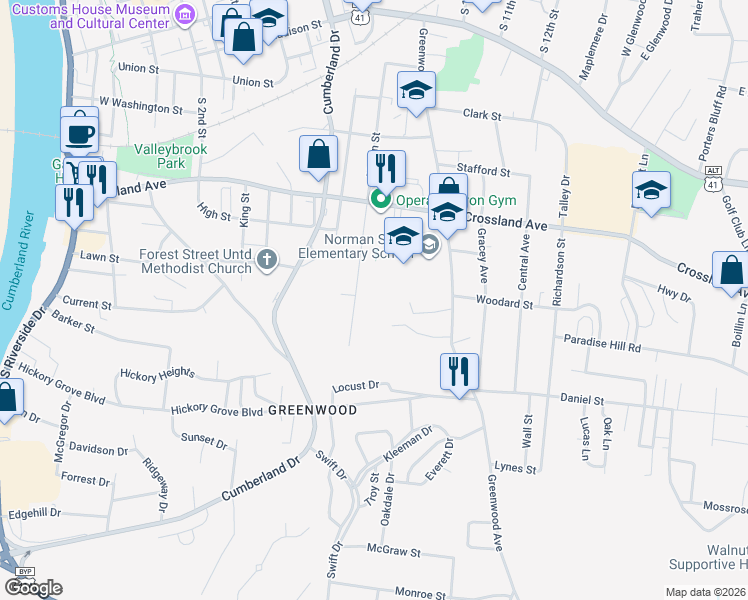 map of restaurants, bars, coffee shops, grocery stores, and more near 912 Martin Street in Clarksville