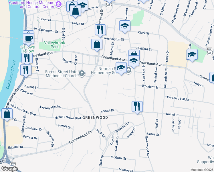 map of restaurants, bars, coffee shops, grocery stores, and more near 912 Martin Street in Clarksville