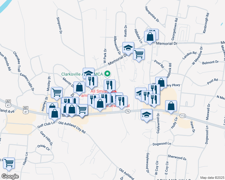 map of restaurants, bars, coffee shops, grocery stores, and more near 160 Hillcrest Drive in Clarksville