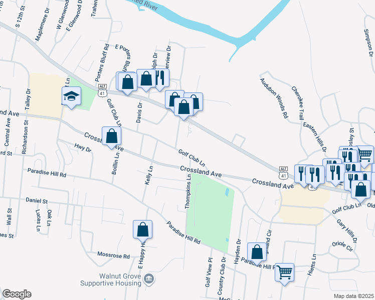 map of restaurants, bars, coffee shops, grocery stores, and more near 1501 Golf Club Lane in Clarksville