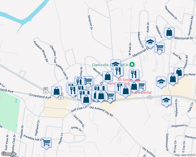 map of restaurants, bars, coffee shops, grocery stores, and more near 1748 Gateway Lane in Clarksville