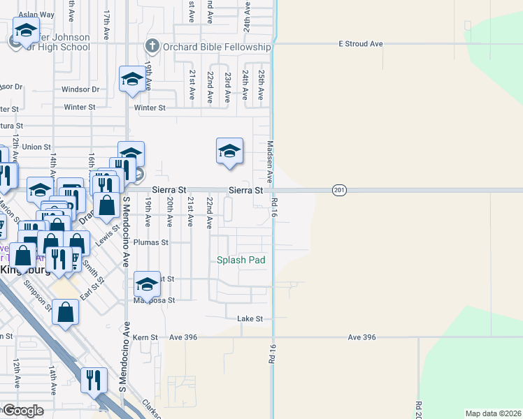 map of restaurants, bars, coffee shops, grocery stores, and more near 2508 Birch Court in Kingsburg