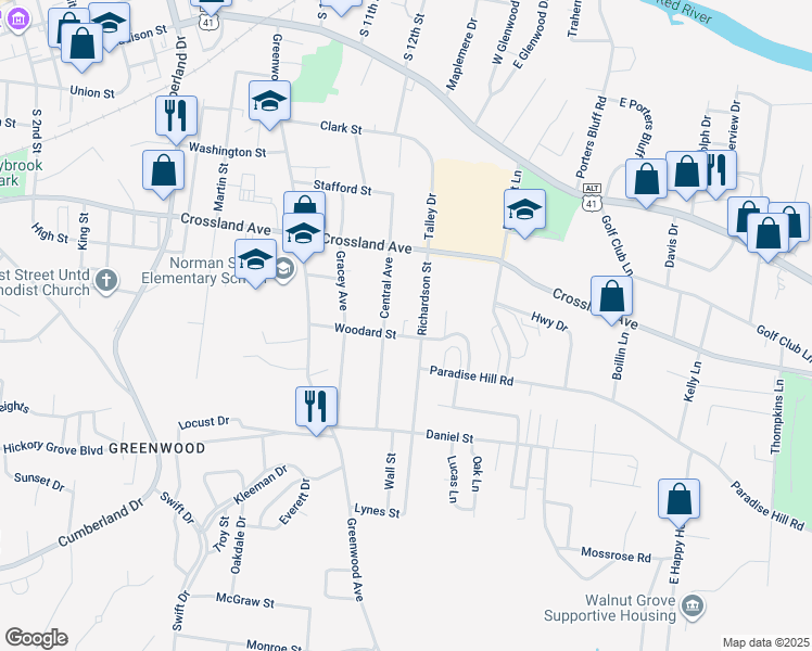 map of restaurants, bars, coffee shops, grocery stores, and more near 715 Central Avenue in Clarksville