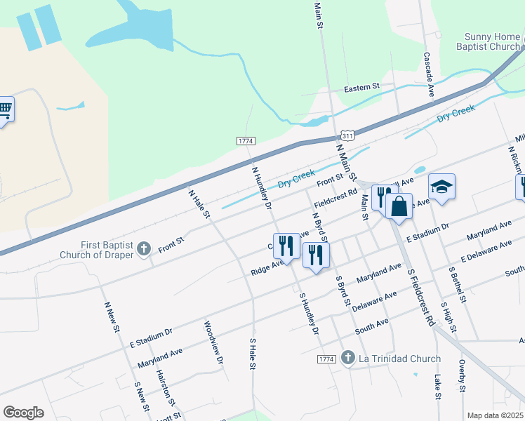 map of restaurants, bars, coffee shops, grocery stores, and more near 1239 Front Street in Eden