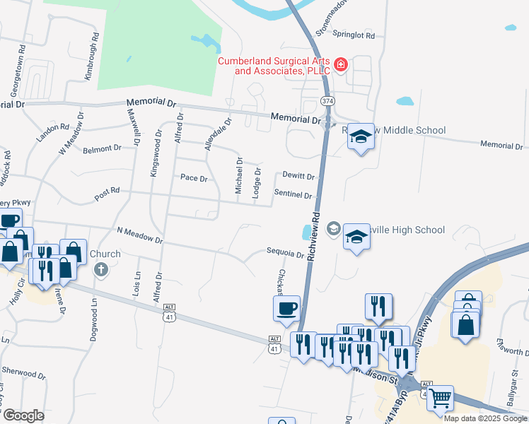 map of restaurants, bars, coffee shops, grocery stores, and more near 2178 Post Road in Clarksville
