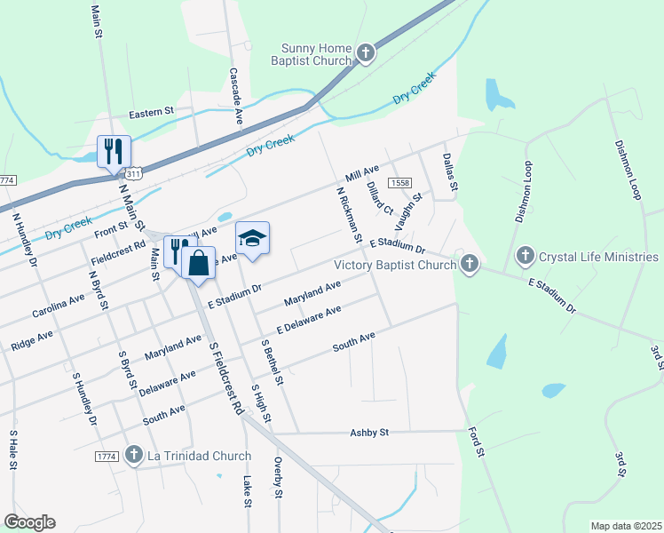 map of restaurants, bars, coffee shops, grocery stores, and more near 1824 East Stadium Drive in Eden