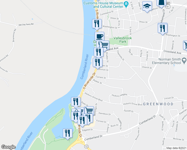map of restaurants, bars, coffee shops, grocery stores, and more near S Riverside Dr & Current St in Clarksville