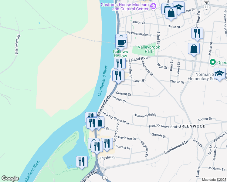 map of restaurants, bars, coffee shops, grocery stores, and more near S Riverside Dr & Current St in Clarksville