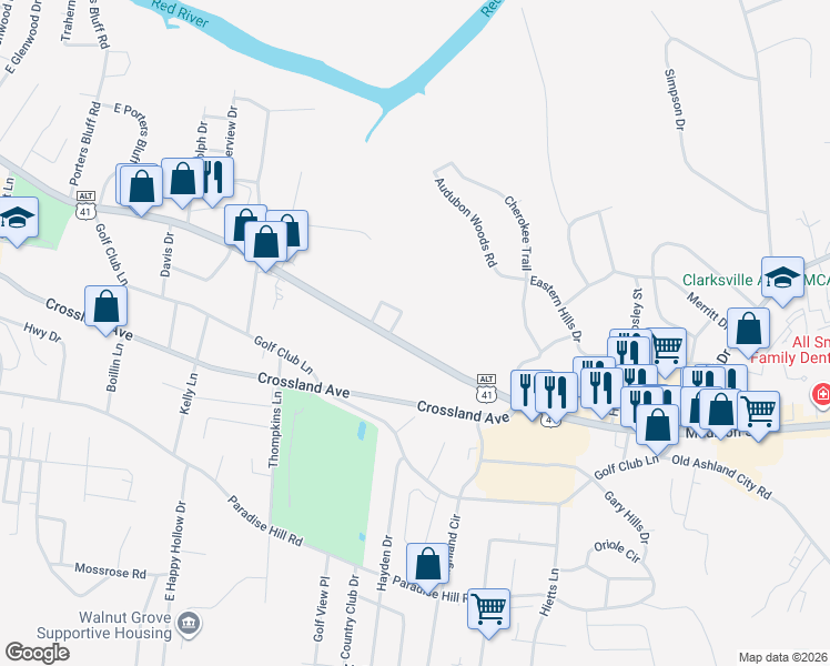 map of restaurants, bars, coffee shops, grocery stores, and more near 1527 Madison Street in Clarksville