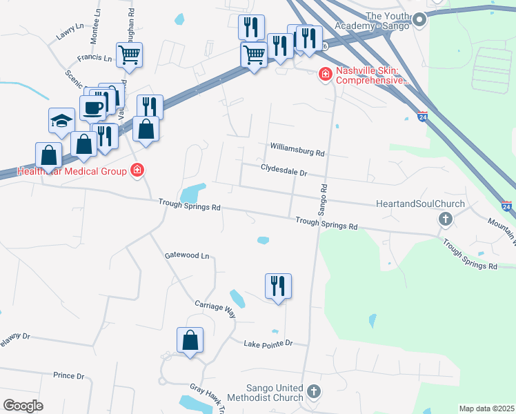 map of restaurants, bars, coffee shops, grocery stores, and more near 3043 Trough Springs Road in Clarksville