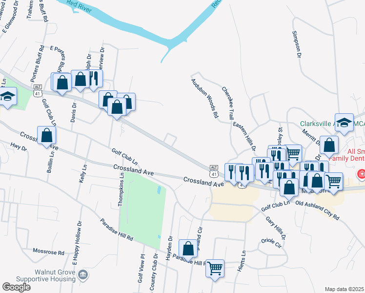 map of restaurants, bars, coffee shops, grocery stores, and more near 1527 Madison Street in Clarksville