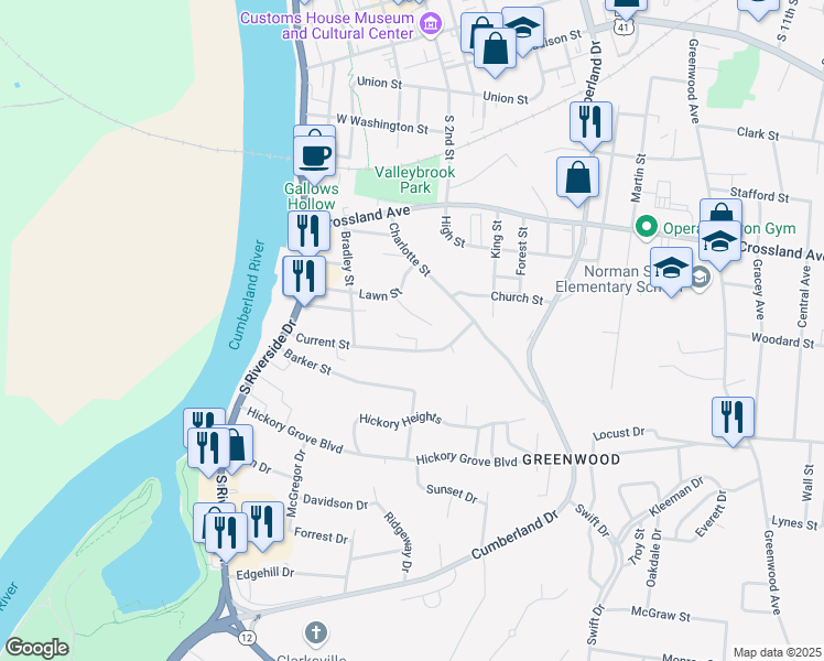 map of restaurants, bars, coffee shops, grocery stores, and more near 75 Dixon Drive in Clarksville