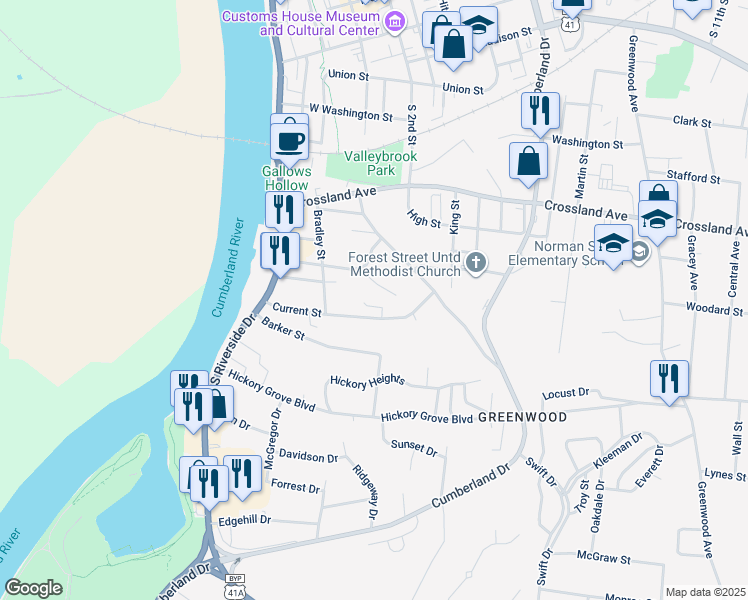 map of restaurants, bars, coffee shops, grocery stores, and more near 73 Dixon Drive in Clarksville